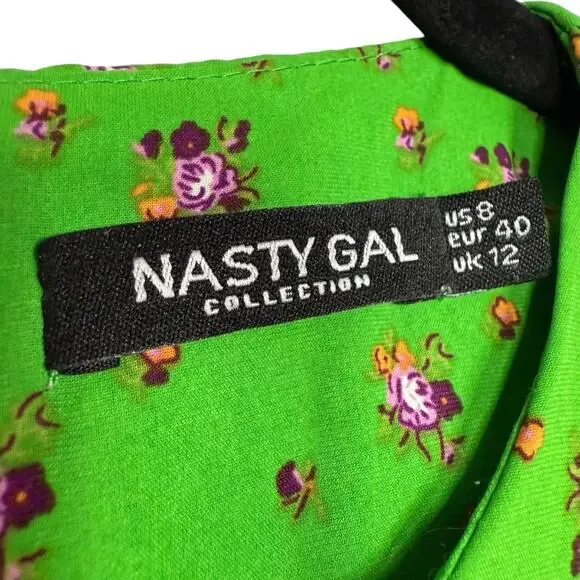 Nasty Gal green Floral Print Cut Out Puff Sleeve Mini Dress Size 8 - Picture 8 of 11
